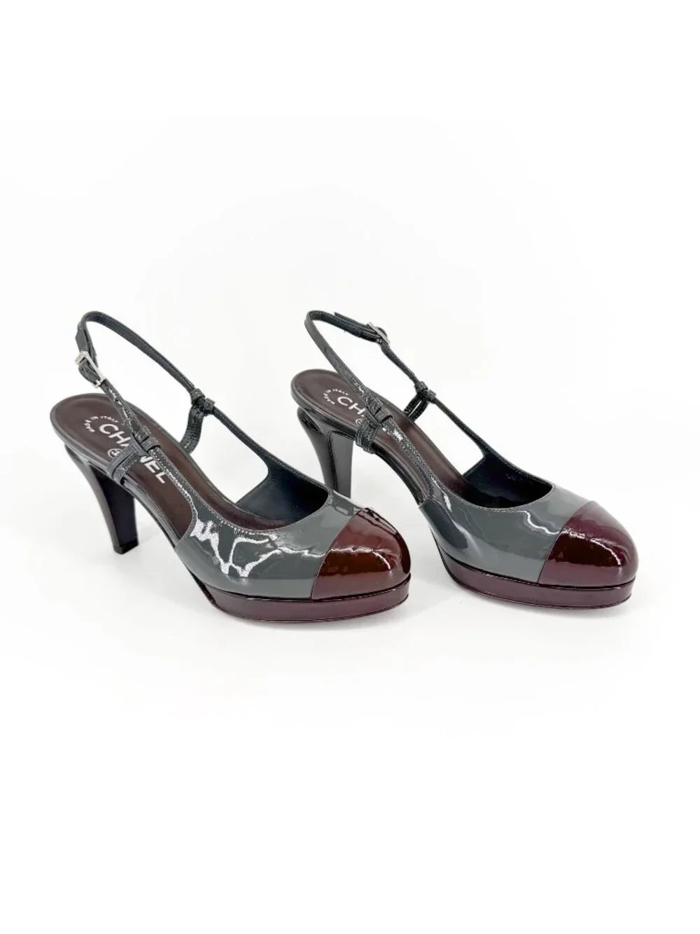 Chanel Gray Burgundy Patent Cap Toe Slingback Platform Pumps Size 37.5 US 6.5–7 - Picture 1 of 15